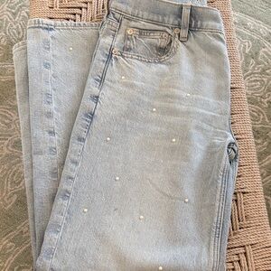 American Eagle Outfitters Light Blue Straight-Leg Jeans with Pearl Accents